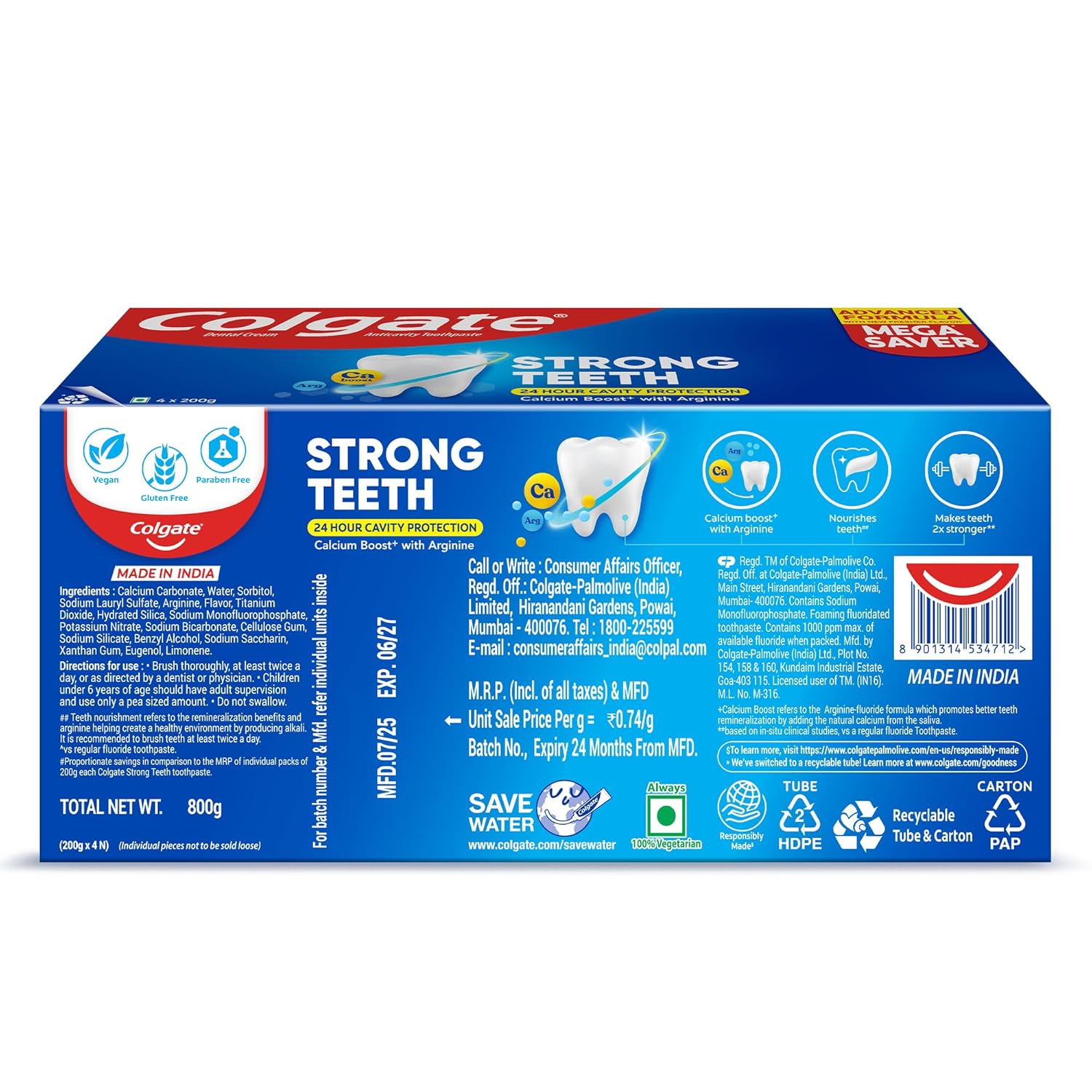 Colgate Strong Teeth Toothpaste 800g Calcium-boost Tooth Paste for 2X Stronger Teeth, Protects Enamel, Whitens Teeth, Fresh Breath & Prevents Cavities (Combo Multipack)