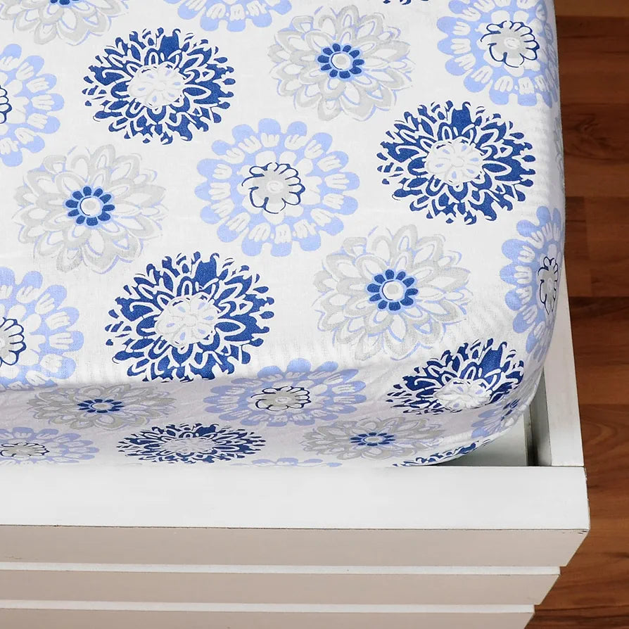 Divine Casa Blue and Grey Floral Pattern 144 TC 100% Cotton Elastic Fitted Printed Queen Size Double Bed Bedsheet with 2 Pillow Cover for Bedroom