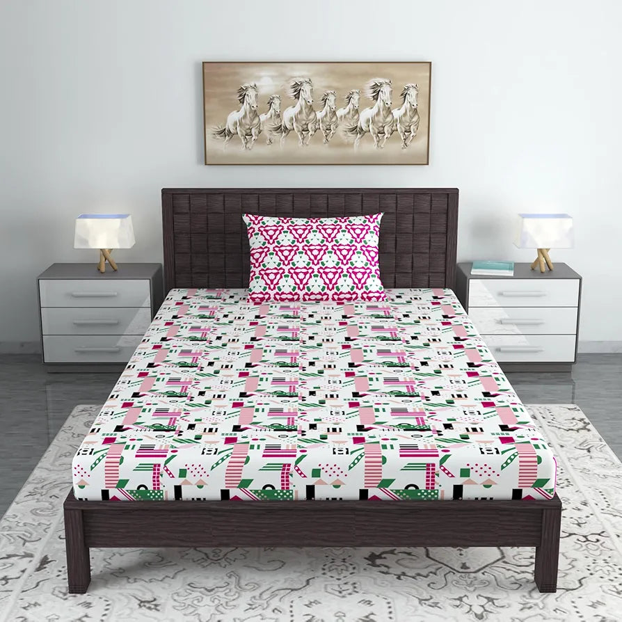 Divine Casa Bedsheet for Single Size Bed 144 TC Cotton Bedsheet for Single Size Bed with 1 Pillow Cover  Abstract Colour Pink & White