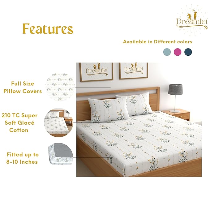 Dreamlet All Around Elastic Supersoft 210tc Premium Cotton Elastic Fitted Bedsheets With 2 King Size Pillow Covers | Off White and Yellow