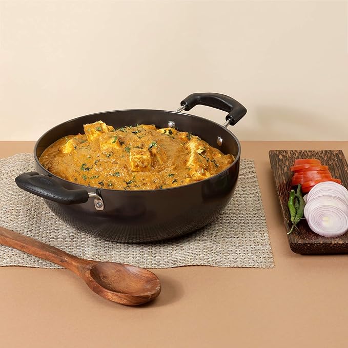 Vinod Black Pearl Hard Anodised Non Stick Deep Kadhai with Glass Lid - 2.6 LTR, 22 cm | 3.25mm Thickness | kadai for Cooking