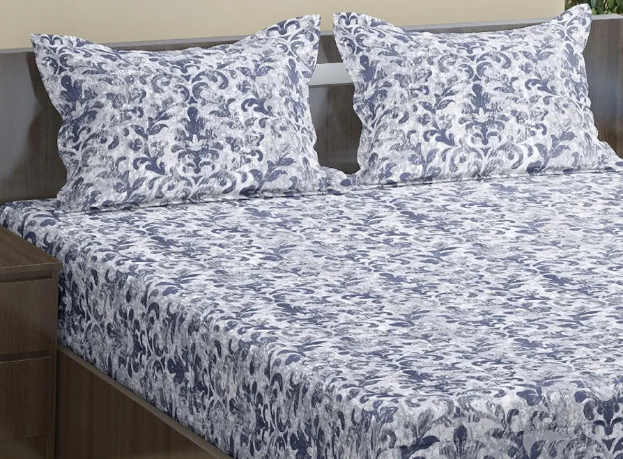 Trance Home Linen 180TC 100% Cotton 78"x60" Standard Queen Size Elastic Fitted Bedsheet Printed Queen Bed Size with 2 Pillow Covers Colour Royal Blue