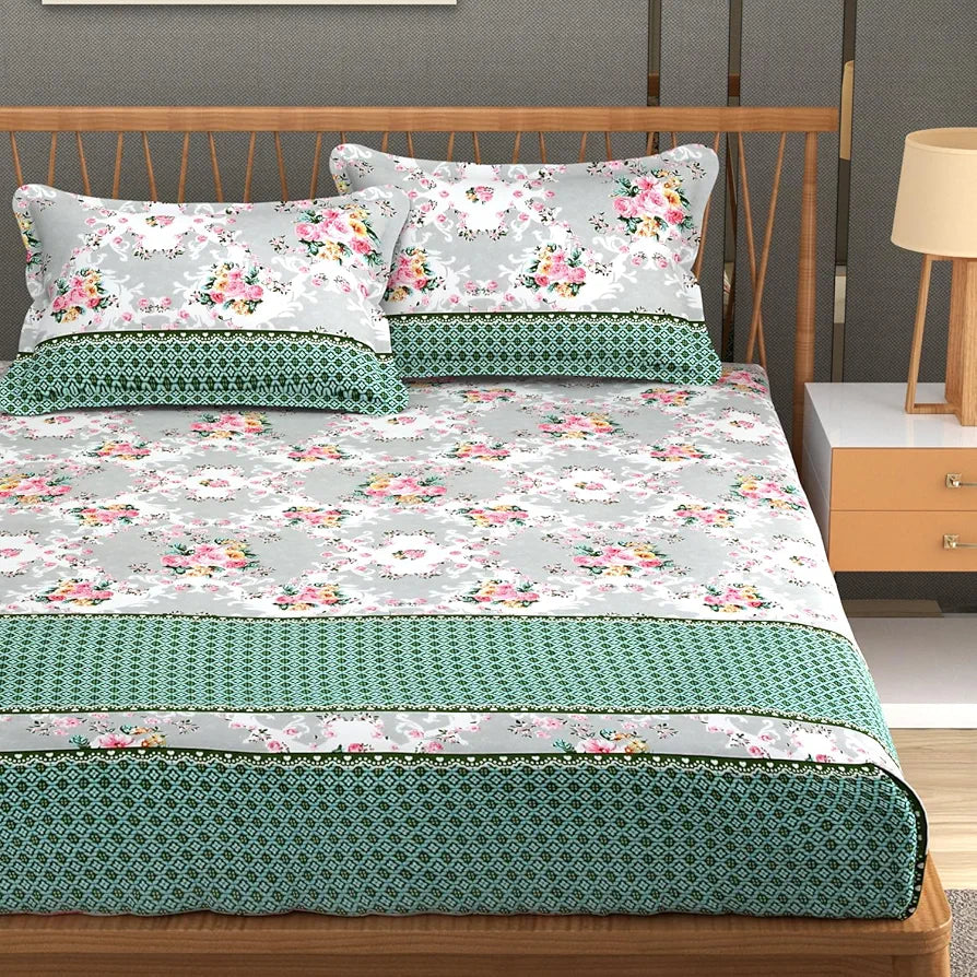 Homefab India 180 TC Microfiber Double BedSheet with 2 Pillow Covers Green Grey Floral
