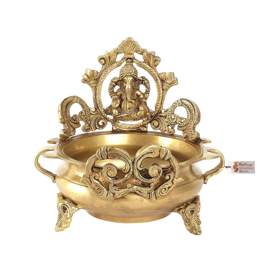 Two Moustaches Brass Ethnic Carved Ganesha Design 7 Inches Brass Urli Decor Bowl Golden Brass