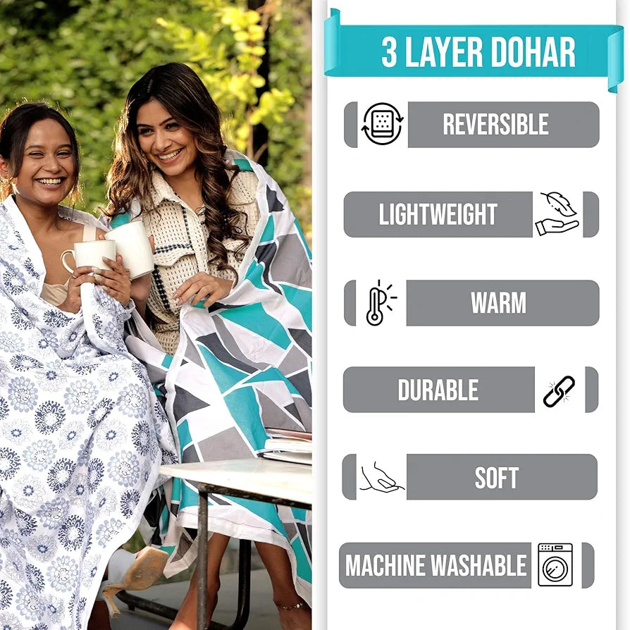 Divine Casa 100% Cotton 144 TC Reversible Geometric Printed Double Bed AC Dohar Blanket for Mild Winter TC - 144 Colour Crystal Teal
