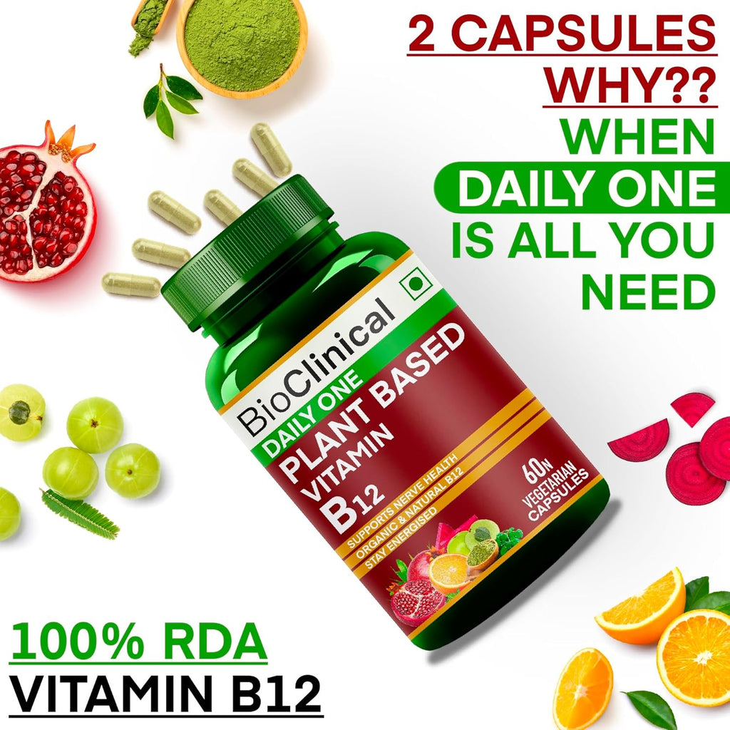 BioClinical Plant Based Vitamin B12 Supplement for Men & Women -2 Months- Organic Vit B 12 - Nature made Ayurvedic Rasayana & Green Food -For Stress In Life,Nerve & Brain Health -60 vegan capsules