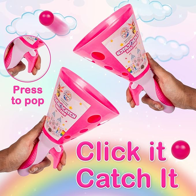 Ratna's Click & Catch Plastic Twin Ball Indoor & Outdoor Game Pop and Catch Launcher Basket Toy | Unicorn Pink