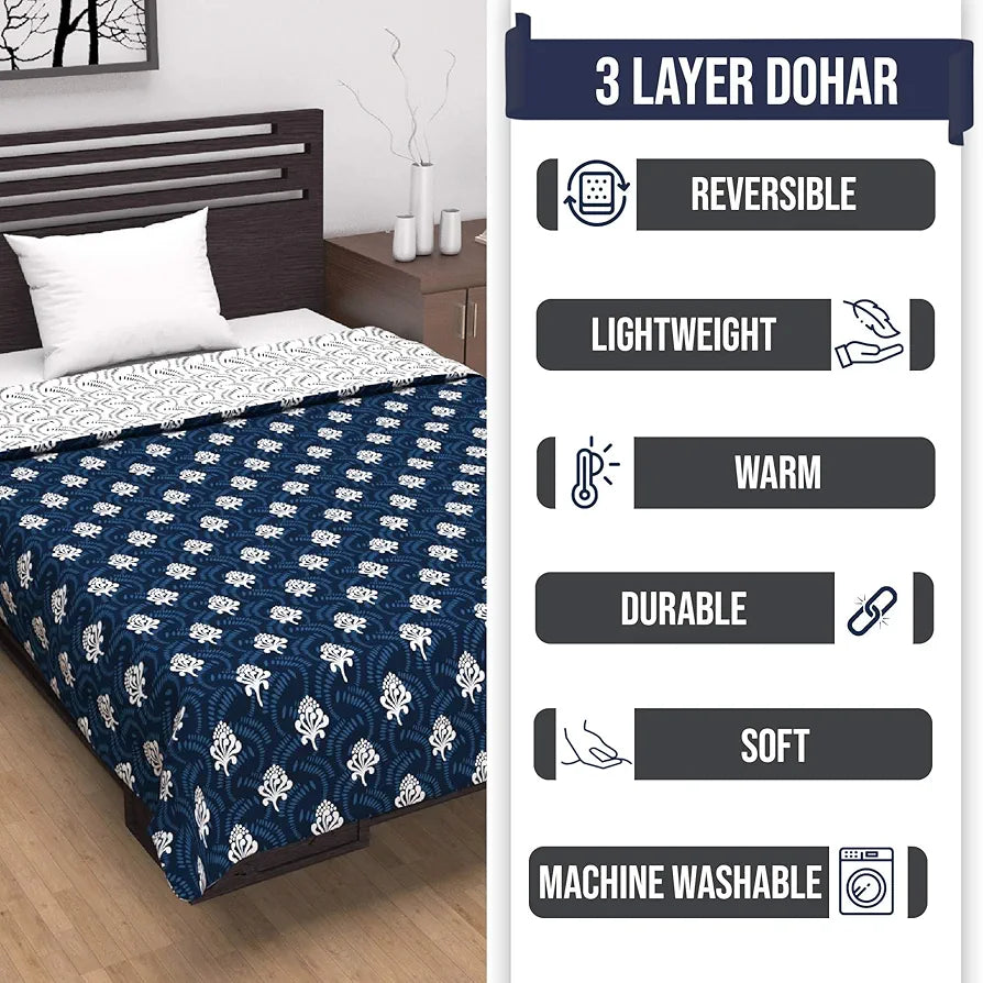Divine Casa 120 GSM Microfiber Single Kids Dohar Soft & Lightweight Throw Blanket Floral Pattern Colour Medieval Blue & White