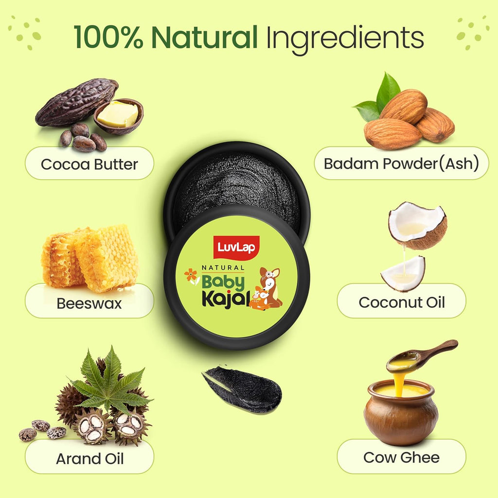LuvLap 100% Natural Baby Kajal 5g, with Pure Cow Ghee, Cocoa Butter, Coconut Oil, Sweet Amond & Castor Oil, Soothes & Nourishes Eyes of New Born & Kids, Irritation-free, Dermatologically Tested
