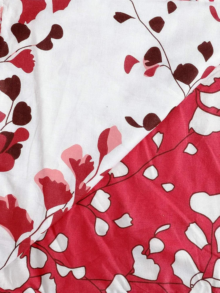 Trance Home Linen Cotton Malmal Double Dohar 84"x90"  TC - 200 Colour Red White Leaves Abstract Reversible