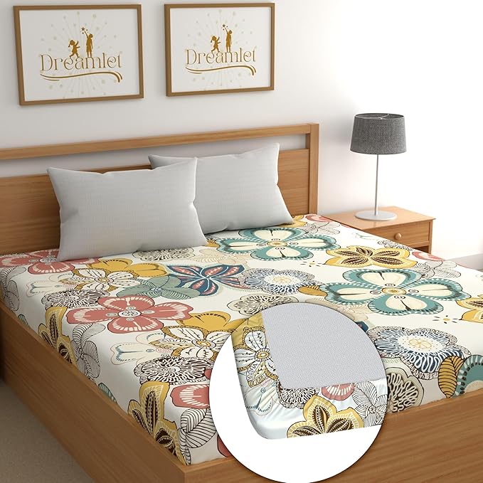 Dreamlet All Around Elastic Supersoft 210tc Premium Cotton Elastic Fitted Bedsheets With 2 King Size Pillow Covers | Mutlicolor