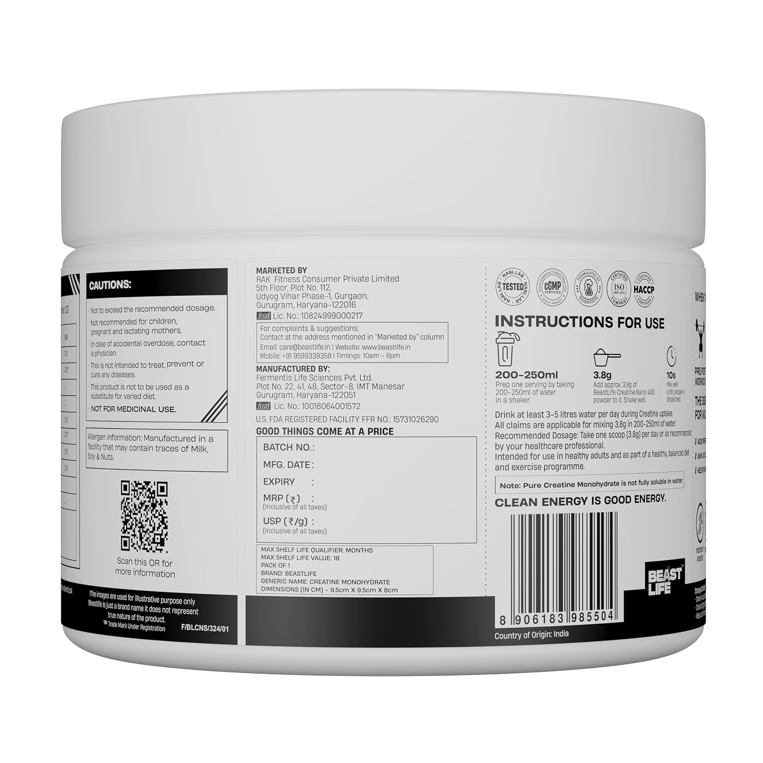 BeastLife Creatine Nano 400 | Shikanji | 115 Gm | 30 Serving | World’s First Finest & Clinically Studied Creatine | Ultra Fine, Ultra Soluble, Ultra Effective | Zero Sugar | NABL Lab Tested | Premium Sports Nutrition for Strength & Performance