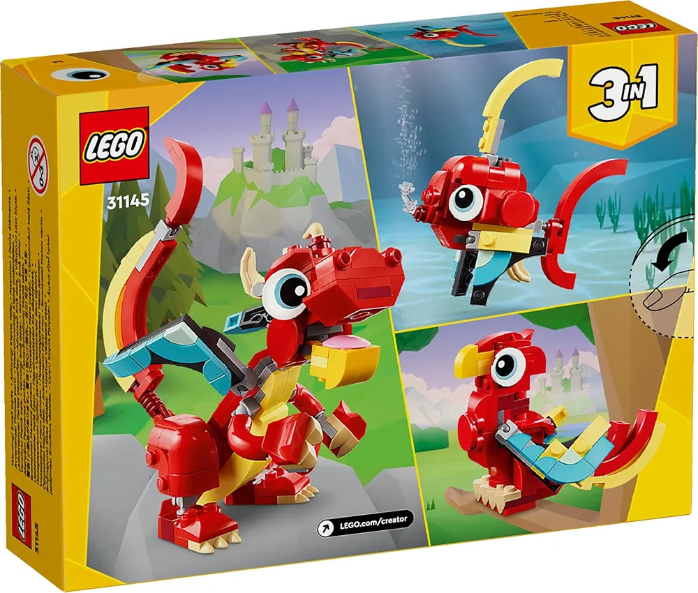 Lego 31145 Creator 3in1 Red Dragon Toy to Fish Figure to Phoenix Model, Animal Set for Kids, Gift Idea for Boys and Girls Aged 6 and Up
