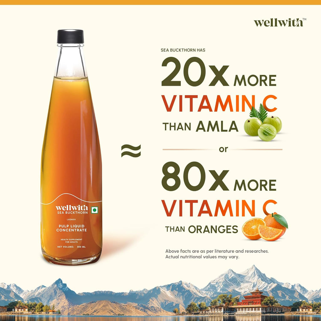 Wellwith by Ayuzera Himalayan Seabuckthorn Pulp Juice 300ml | Cold Pressed Daily Wellness Drink | Natural Vitamin C, Omegas & Antioxidants | For Immunity, Skin Radiance & Gut Wellness