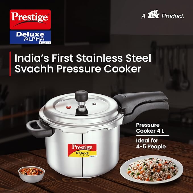 Prestige 4 Litres Svachh Deluxe Alpha Induction Base Outer Lid Stainless Steel Pressure Cooker