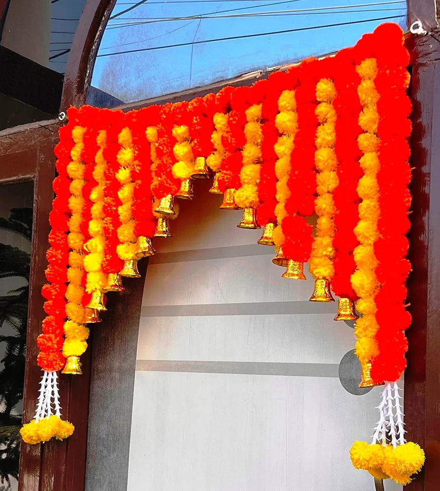 Artificial Marigold Bandanwar 40 Inch Orange & Yellow Fluffy Door Toran with Golden Bells Golden Bell With Marigold Bandanwar