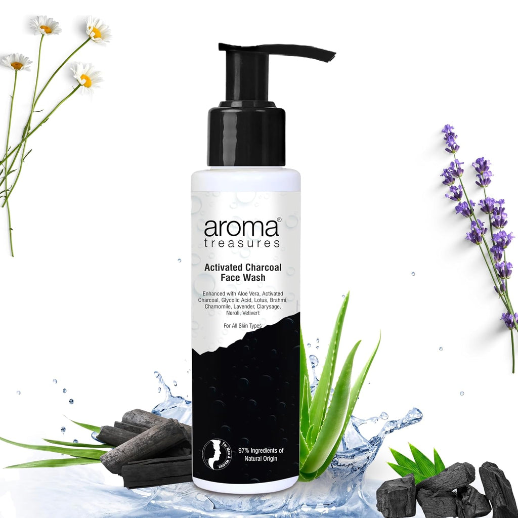 Aroma Treasures Activated Charcoal Face Wash for Men & Women | Deep Cleansing Oil Control Facewash with Aloe Vera & Glycolic Acid for Acne, Bright & Healthy Skin – 100ml