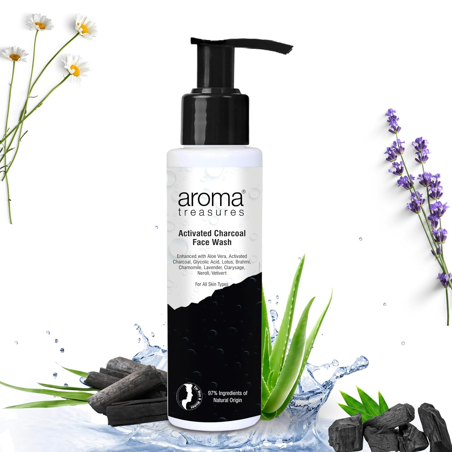 Aroma Treasures Activated Charcoal Face Wash for Men & Women | Deep Cleansing Oil Control Facewash with Aloe Vera & Glycolic Acid for Acne, Bright & Healthy Skin – 100ml