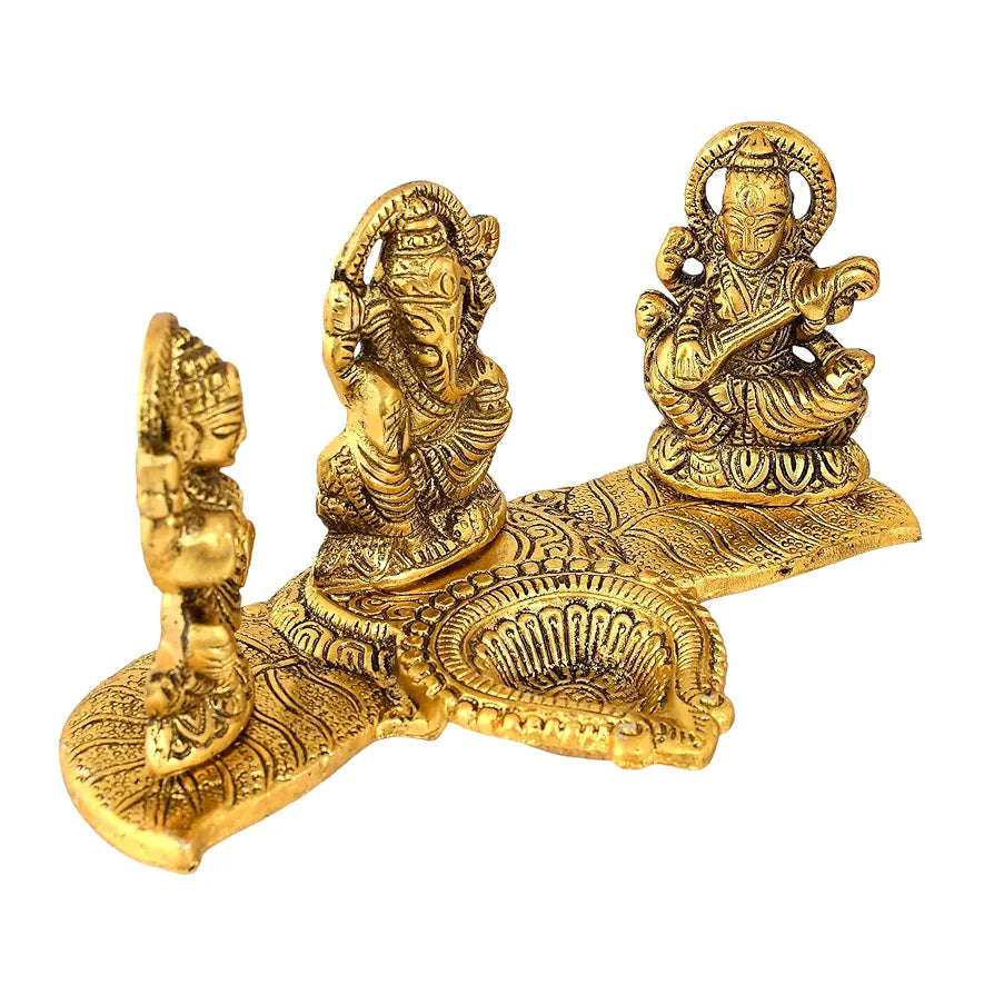 CraftVatika Laxmi Ganesh Saraswati Metal Murti Idol with Diya Showpiece Golden Pooja
