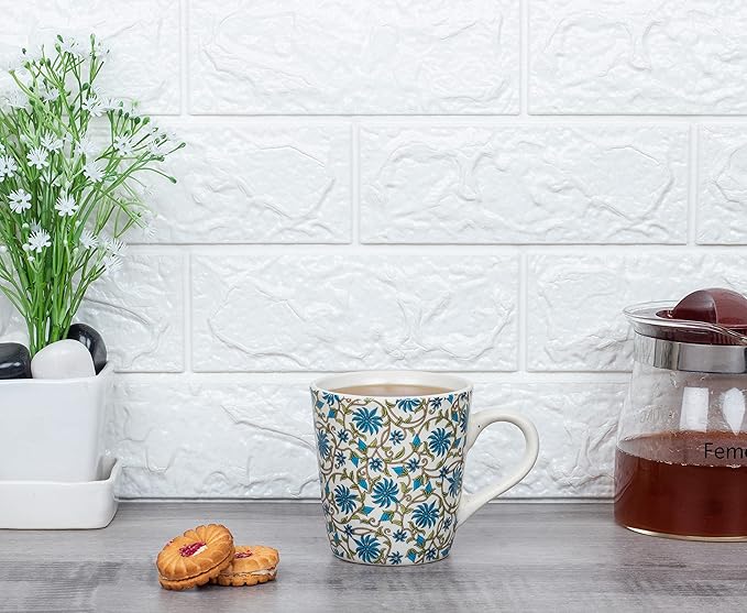 Femora Decal Stoneware Coffee Mugs | 320 Ml | Floral Jaal | Set of 2 | Dishwasher Safe