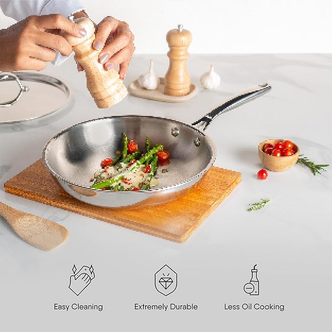 Stahl Artisan Triply Stainless Steel Fry Pan With Lid | Induction & Gas Stove Compatible Frying Pan | 1.3 L  22 Cm