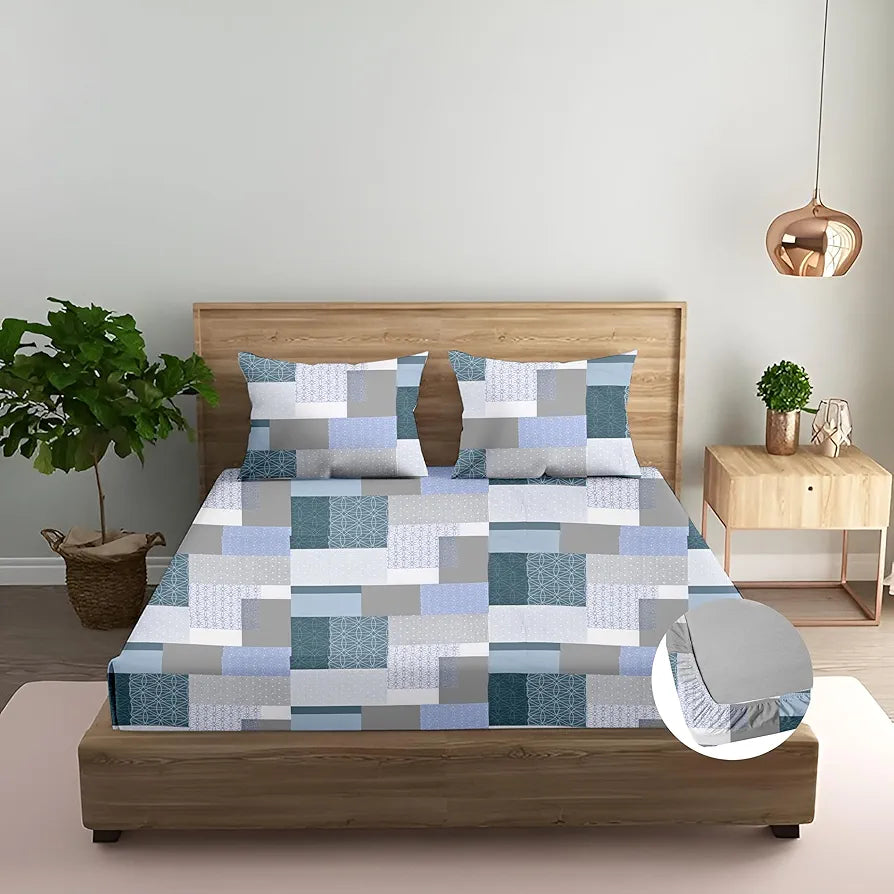 Trance Home Linen 100% Cotton 144TC Elastic Fitted Bedsheet Printed Double Size Bed with 2 Pillow Covers Colour Abstract Green