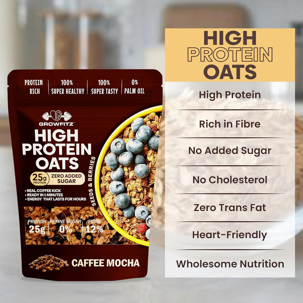 GrowFitz 25g High Protein Oats 800 Gram | Caffee Mocha Flavor Breakfast Oatmeal | 12g High Fiber, Almonds, Raisin, Pumpkin, Chia Seeds, Super Rolled Oats | Healthy Fats, No Added Sugar (Pack of 1)