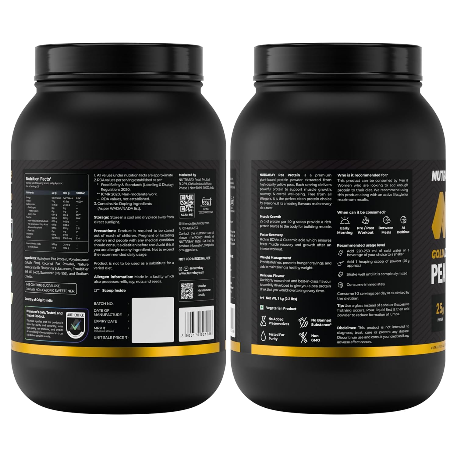 NUTRABAY Gold 100% Pea Protein Powder - 1kg, French Vanilla | 25g Protein, 4.6g BCAA, 5g Fiber | Complete Amino Profile | Tastiest & Smoothest Vegan, Plant Protein | Muscle Gain & Fast Recovery