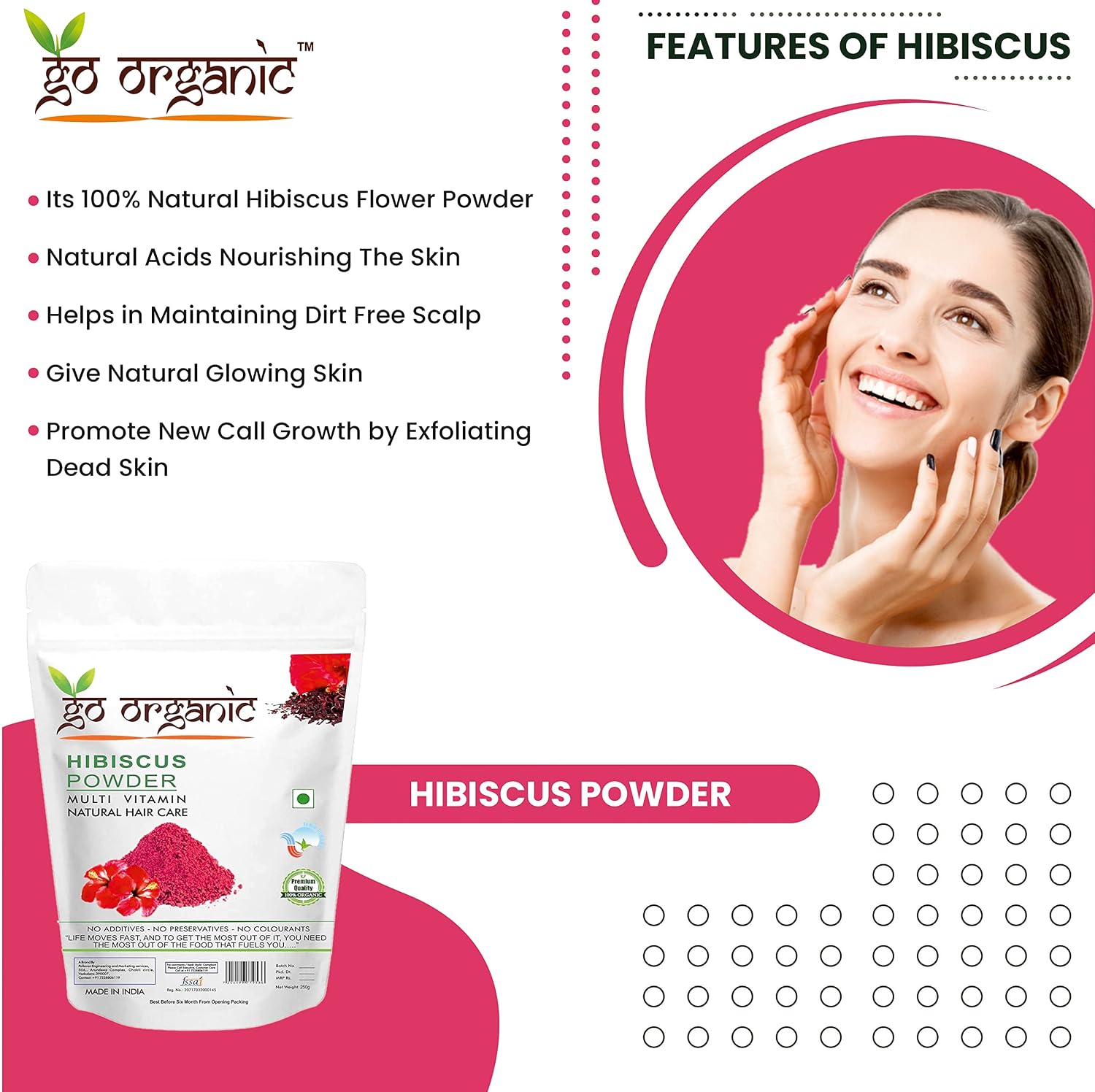 Go Organic 100% Organic Hibiscus Powder, Export Quality, Pink, 150g, for Skin Radiance Enhancement,Hair Re-Growth Stimulation,Premature Greying Protection