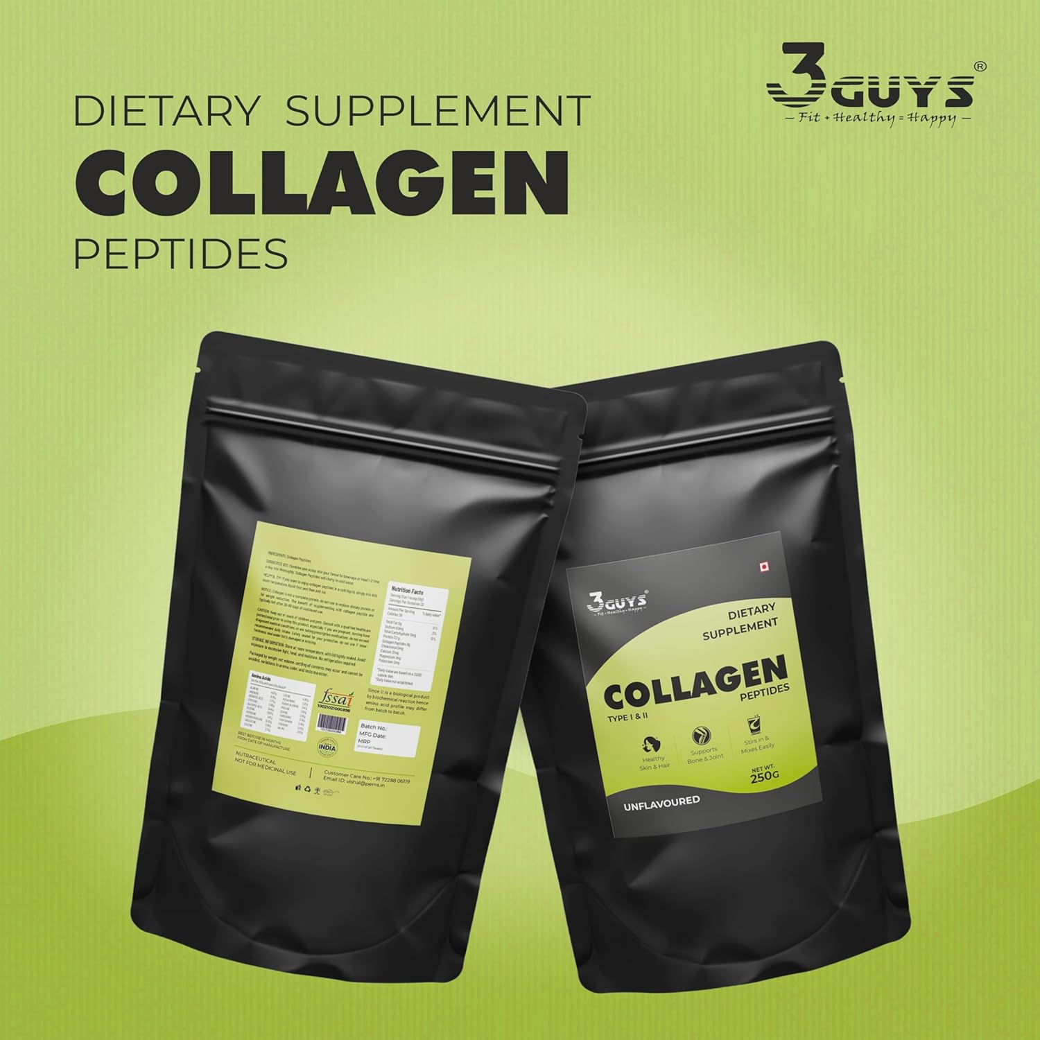 3 Guys Collagen Supplements for Skin, Nails and Hair, Women's Health, 250 gm, Unflavored