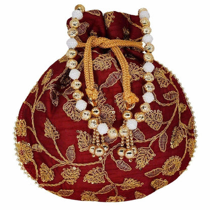 Ethnic Silk Potli bag Clutch Batwa Pouch with Embroidery and Metal Bead work Gift For Women
