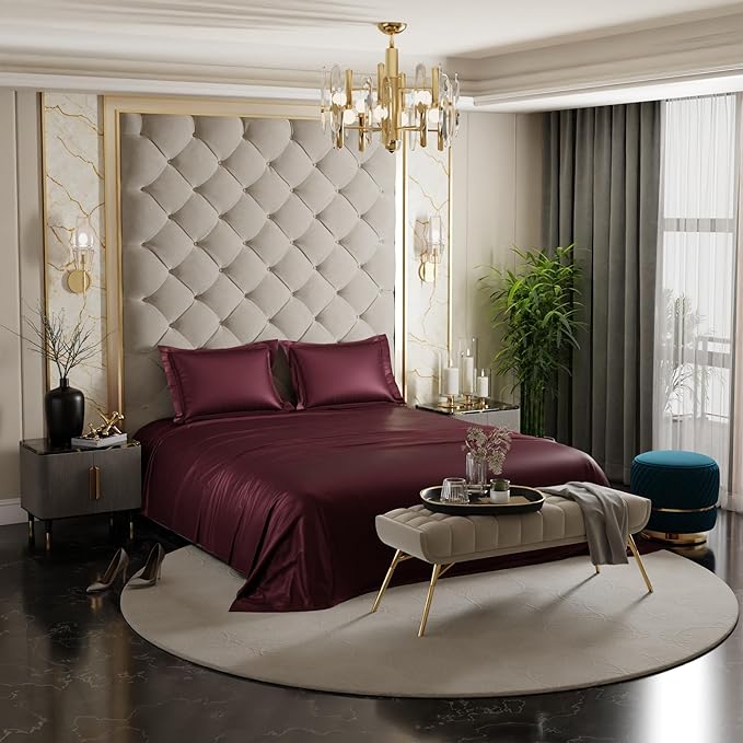 Stoa Paris Satin Bedsheets for Double Bed 300TC Premium Bedsheet with 2 Pillow Covers Colour Velvet Wine