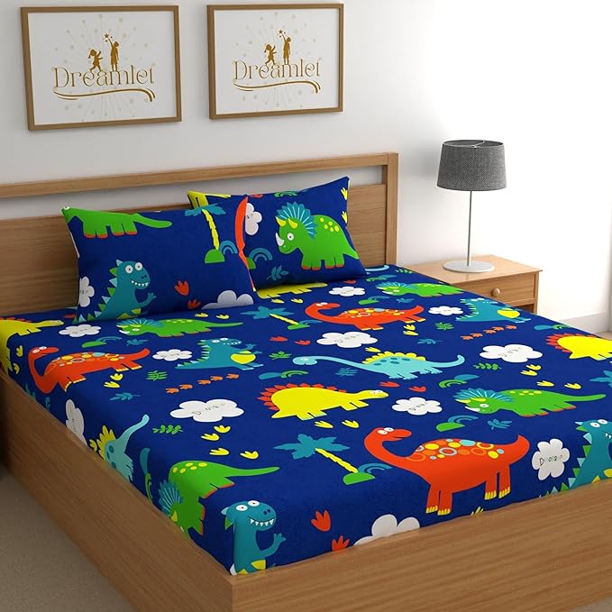 Dreamlet Prime Collections 180tc Pure Cotton Breathable Supersoft Wrinkelfree Double Flat Bedsheet With 2 King Size Pillow Covers | Blue