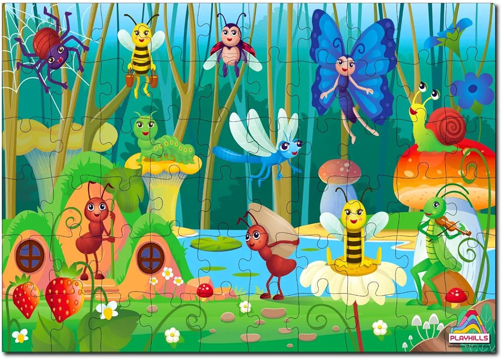 Playhills Wooden Puzzle Colourful Bugs and Insect Kingdom 60 Puzzle Pieces, Ideal Holiday/Birthday Gift for Kids 3,4,5,6,7 Years