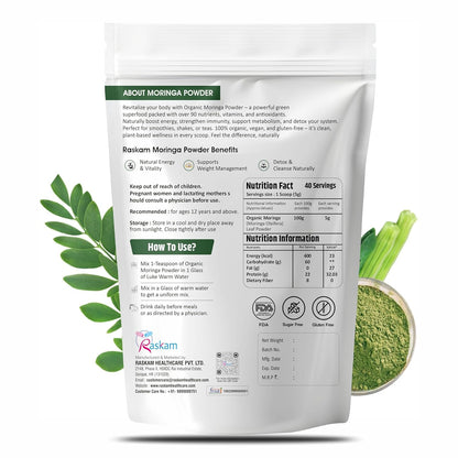 100% Organic Moringa Powder Moringa Oleifera | Boost Immunity | Digestion & Energy | Organic Super green for Vitality | Gut Health | 100gm Drumstick Leaves Powder