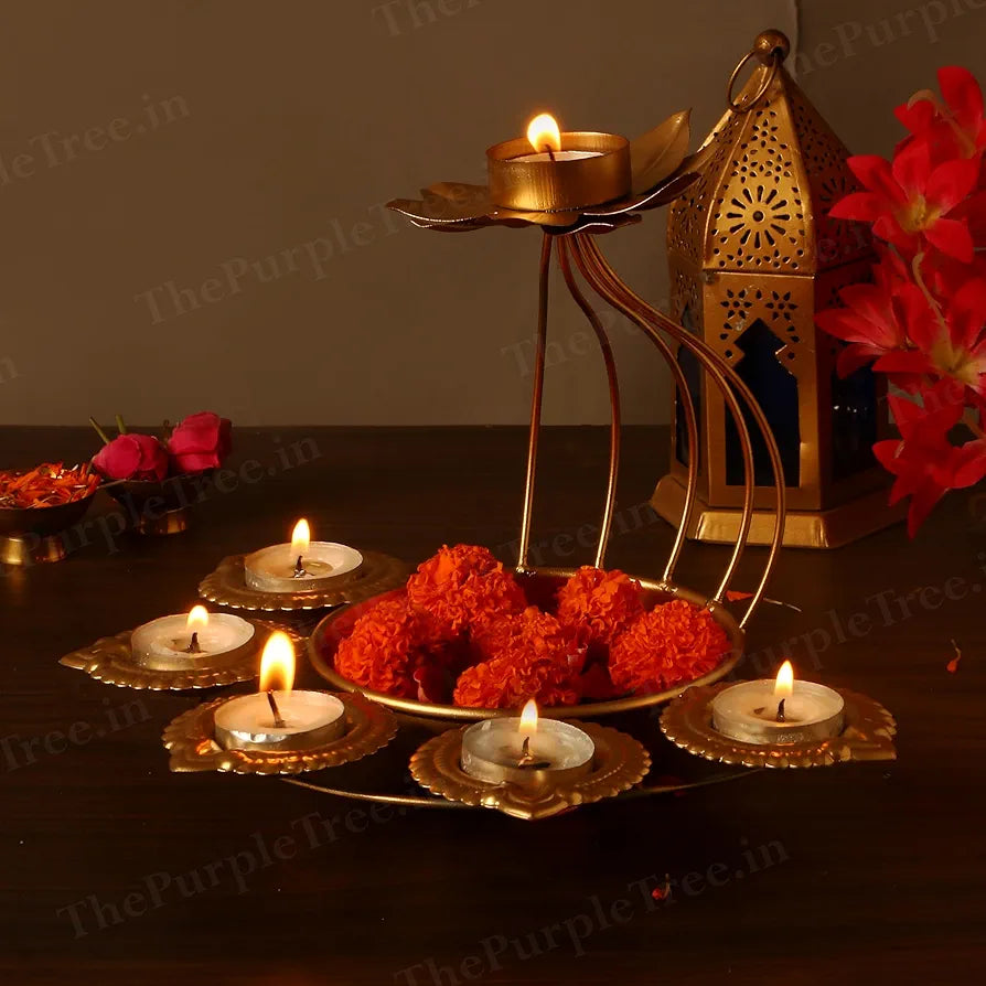 The Purple Tree Beautiful Floral Diya Urli Bowl for Floating Flowers and Tea Light Candles Gold Half Diya Flower