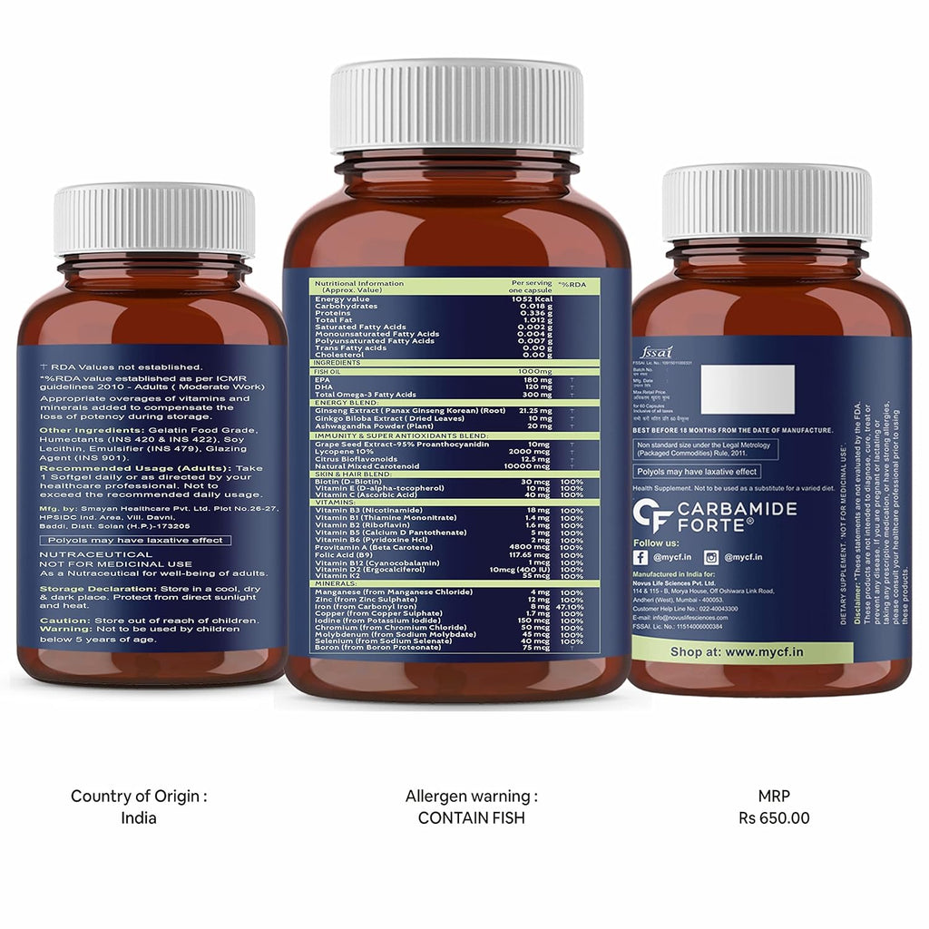 Carbamide Forte Fish Oil with Multivitamin and Omega 3 1000mg Capsules for Men & Women | Fish Oil And Multivitamin Combo with 30 Ingredients - 60 Softgel Capsules, 110 grams