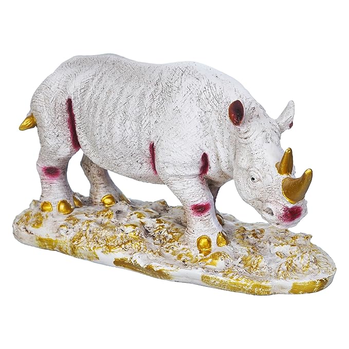 Ecraftindia White Polyresin Rhinoceros Statue With Golden Horns Animal Figurine