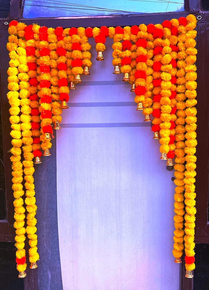 Artificial Marigold Bandanwar 40 Inch Yellow Orange Full Door Toran with Decorative Bells Multicolor Marigold With Bell Bandanwar