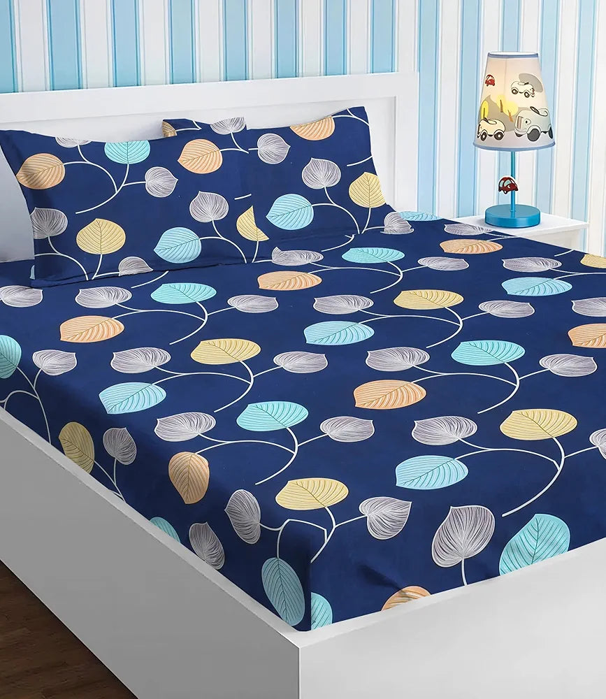 Homekart Premium Cotton Elastic Fitted Bedsheets with 2 King Size Pillow Covers Double Bed Flower Print Dark Blue 200 tc - 220 tc