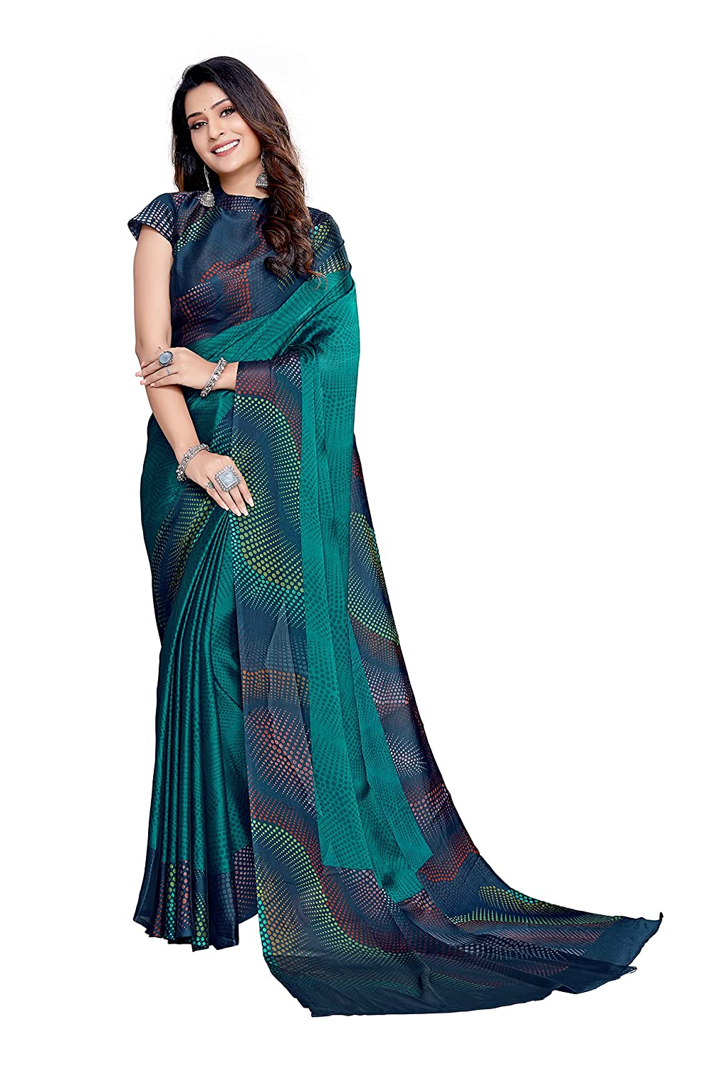 Mirchi Fashion Women's Teal Chiffon Colorful Moire Prints Saree