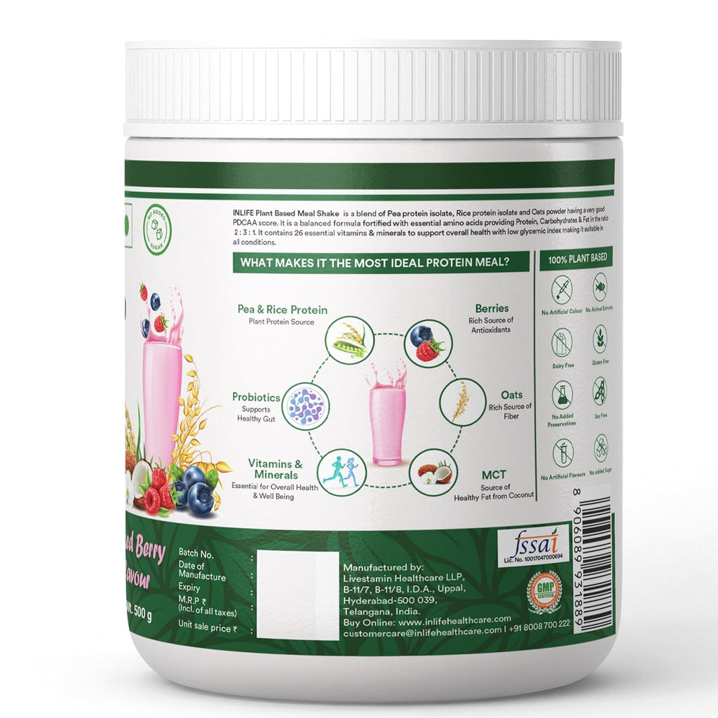 INLIFE Plant Based Meal Replacement Shake | Plant Protein Powder (17.5 Protein) No added Sugar, Lactose Free | Added Probiotics, 500g (Mixed Berry)