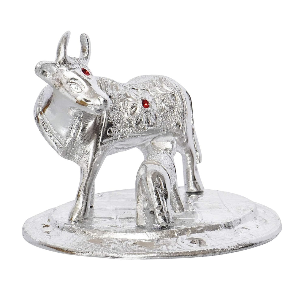 Ecraftindia Premium White Metal Decorative Kamdhenu Cow With Calf Figurine