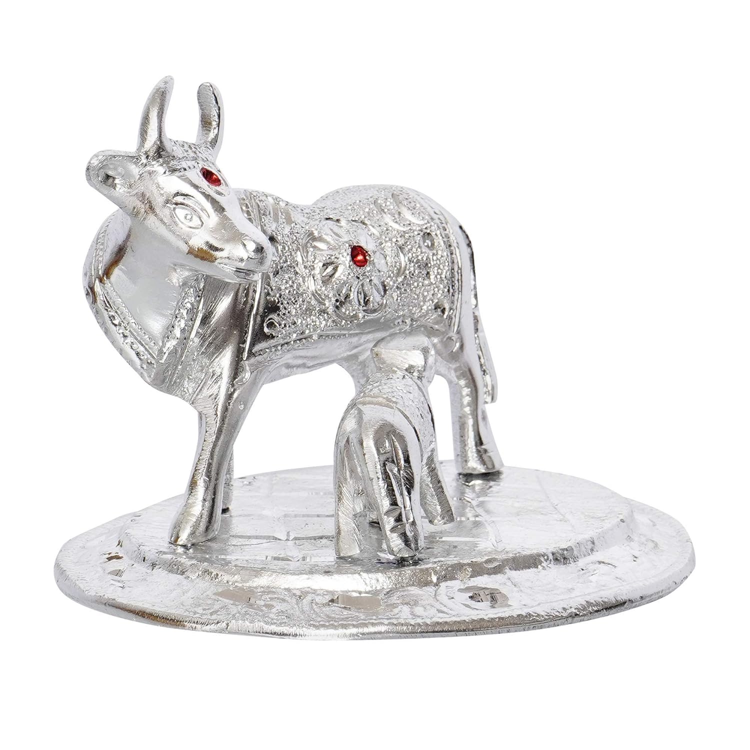 Ecraftindia Premium White Metal Decorative Kamdhenu Cow With Calf Figurine