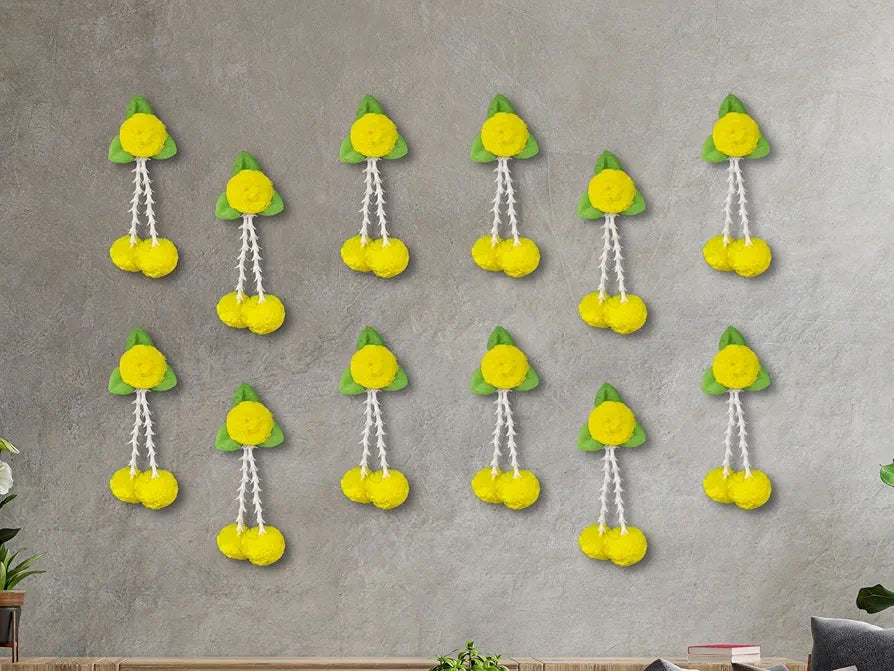 Plastic Artificial Flowers And Leaves Decoration Pack of 12 - Yellow & Green