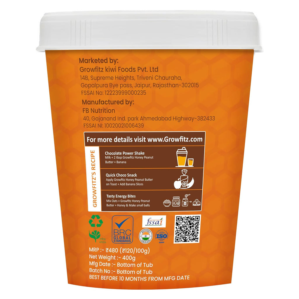 Growfitz Honey Peanut Butter 400g | 21g High Protein | Roasted Peanut With Added B-12 & Minerals for Brain & Heart Health, Zero Added Sugar | Tasty & Healthy Bread Spread (Pack of 1)