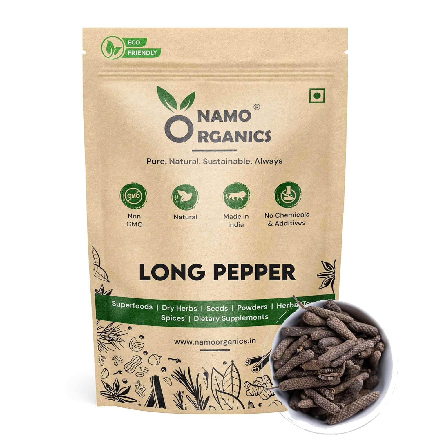 Namo Organics - 75g - Organic Whole Long Pepper - Pipli | Pipal | Pippali - Jumbo Size Harvest
