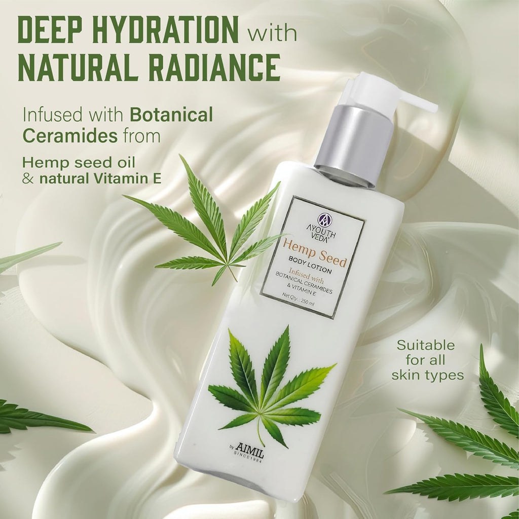 AYOUTHVEDA Hemp Seed Body Lotion with Botanical Ceramides 250ml | Body lotion for Dry Skin with Vitamin E | Suitable for All Skin Types | Protects from Sun Damage.