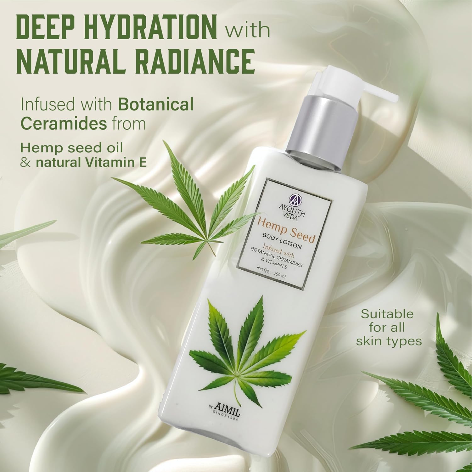 AYOUTHVEDA Hemp Seed Body Lotion with Botanical Ceramides 250ml | Body lotion for Dry Skin with Vitamin E | Suitable for All Skin Types | Protects from Sun Damage.