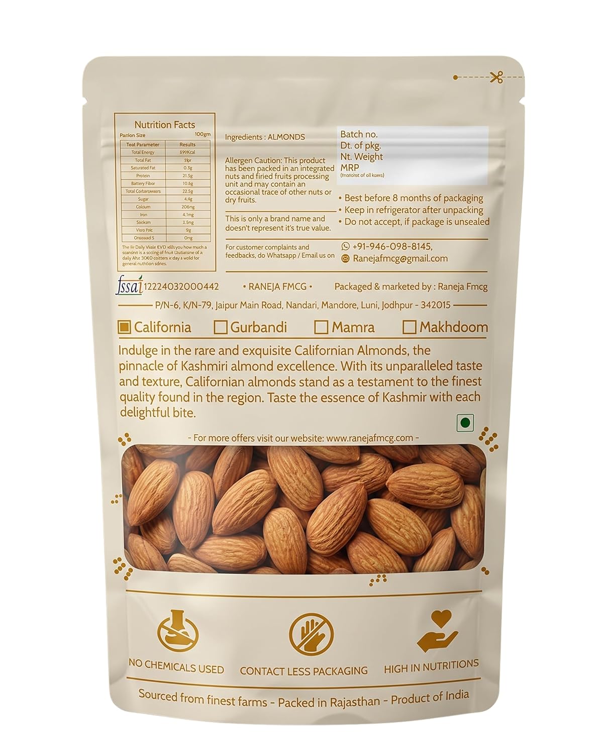 Raneja Pure California Almonds 500g | Whole Badam Giri, 100% Natural Real Nuts & Dry Fruits, Freshly Cleaned and Cleared, High in Fiber, Badam Giri, Rich in Protein, Magnesium, Phosphorus and Dietary Fibre
